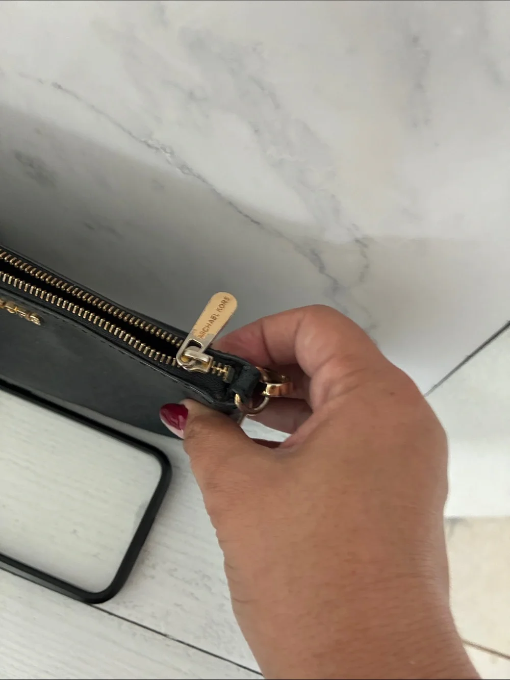 Michael Kors Black Safiano Leather Crossbody Phone Wristlet with Gold Hardware